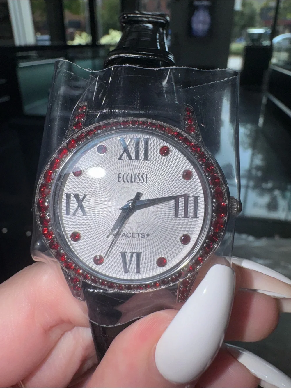 Ecclissi Facets Silver Watch Red Garnet Crystal Bezel Textured Dial Black Band